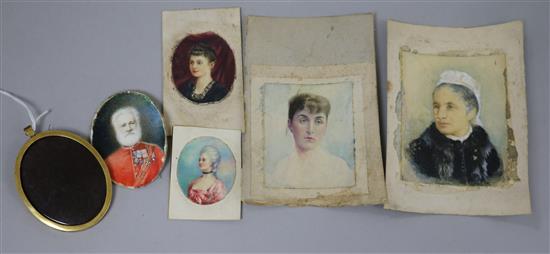 A group of five unframed miniature portraits,